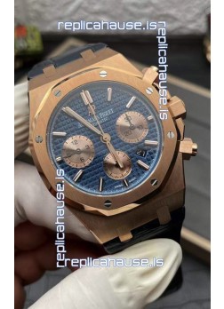 Audemars Piguet Royal Oak Chronograph Rose Gold Blue Dial Leather Strap Swiss Replica Watch