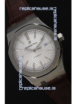Audemars Piguet Royal Oak 41MM Silver Dial Leather Strap - 1:1 Mirror Ultimate Edition
