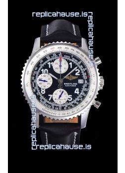 Breitling Navitimer Chronograph 41MM Swiss Replica Watch in 904L Steel Casing - Black Leather Strap