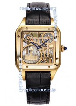 Cartier Santos Dumont Skeleton Yellow Gold Watch in Black Leather Strap 43.5MM