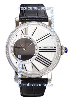 Rotonde De Cartier in Stainless Steel Casing - Leather Strap Swiss Quartz Replica Watch 