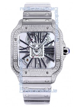 Santos De Cartier Watch in Skeleton Dial - Diamonds Bezel in Steel Casing Swiss Replica
