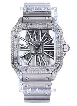 Santos De Cartier Watch in Skeleton Dial - Diamonds Bezel in Steel Casing Swiss Replica