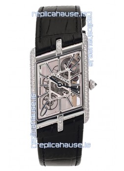 Cartier Tank Asymétrique Stainless Steel Casing Diamonds Bezel Watch in Leather Strap Swiss Replica