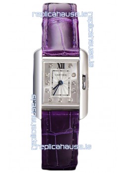 Cartier Tank Anglaise Stainless Steel Watch in Purple Leather Strap Swiss Quartz Watch 30MM