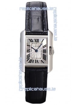 Cartier Tank Anglaise Stainless Steel Watch in Black Leather Strap Swiss Quartz Watch 30MM