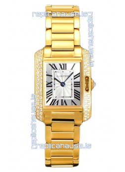 Cartier Tank Anglaise Yellow Gold Watch in Steel Strap Diamonds Bezel Swiss Quartz Watch 30MM