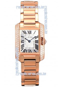 Cartier Tank Anglaise Rose Gold Watch in Steel Strap Diamonds Bezel Swiss Quartz Watch 30MM