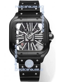 Santos De Cartier Watch in Skeleton Dial - DLC Coated Casing & Bezel  in Rubber Strap