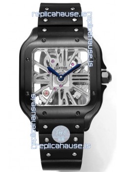 Santos De Cartier Watch in Skeleton Dial - DLC Coated Casing in Rubber Strap