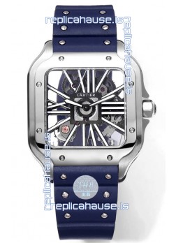 Santos De Cartier Watch in Skeleton Dial - Stainless Steel Casing Blue Rubber Strap