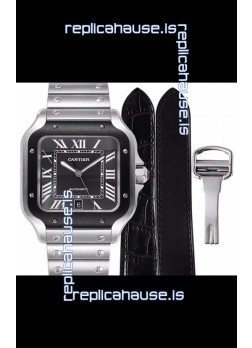 Cartier "Santos De Cartier" Mens XL 1:1 Mirror Replica Watch in Stainless Steel Casing - Black Bezel