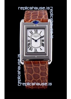 Cartier Tank Reversible Swiss Quartz Replica Watch in Steel Casing - Brown Strap