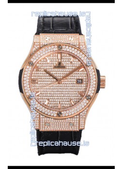 Hublot Classic Fusion Automatic Rose Gold Diamonds Paved Dial Grey Strap 42MM Superclone Replica Watch 