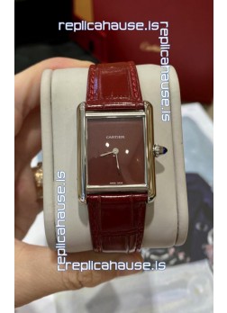 Must De Cartier Tank Edition Watch in 904L Stainless Steel Casing Maroon Dial