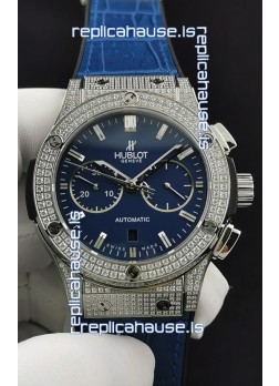 Hublot Classic Fusion Chronograph Steel Diamonds Casing Blue Dial 1:1 Mirror Replica Watch 