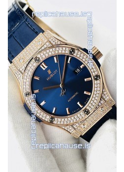 Hublot Classic Fusion Diamonds Rose Gold Steel Blue Dial Swiss Replica Watch 1:1 Mirror Quality 