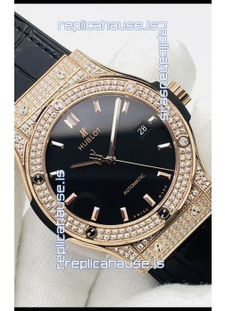 Hublot Classic Fusion Diamonds Rose Gold Black Dial Swiss Replica Watch 1:1 Mirror Quality 