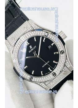 Hublot Classic Fusion Stainless Steel Diamonds Black Dial Swiss Replica Watch 1:1 Mirror Quality 