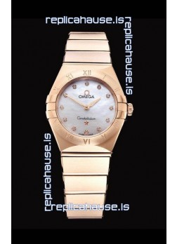Omega Constellation Ladies Swiss Quartz 1:1 Mirror Replica - Rose Gold Casing White Pearl Dial
