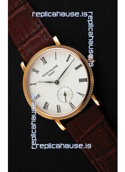 Patek Philippe Calatrava Japanese Mens Watch in Yellow Gold Case Brown Strap