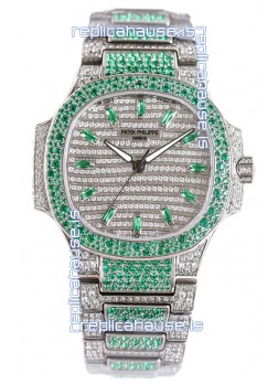 Patek Philippe Nautilus 7118R 35MM 1:1 Green Diamonds Paved Watch in Steel Casing 