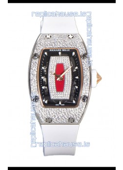 Richard Mille RM007 Diamonds Paved White Strap Red Dial 904L Steel Superclone Swiss Watch