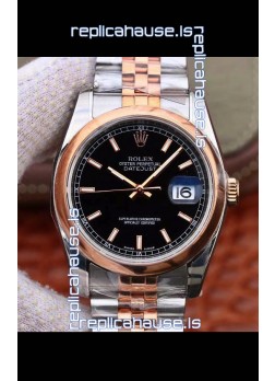 Rolex Datejust 36MM Cal.3135 Movement Swiss Replica Watch in 904L Steel Two Tone Casing Black Dial