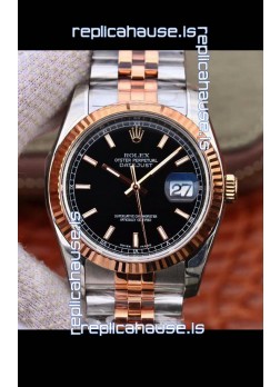 Rolex Datejust 36MM Cal.3135 Movement Swiss Replica Watch in 904L Steel Two Tone Casing Black Dial
