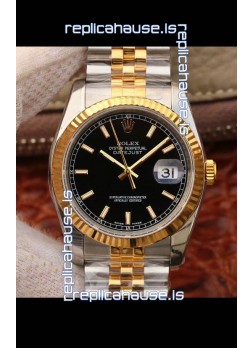 Rolex Datejust 36MM Cal.3135 Movement Swiss Replica Watch in 904L Steel Two Tone Casing Black Dial
