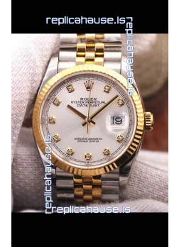 Rolex Datejust 36MM Cal.3135 Movement Swiss Replica Watch in 904L Steel Two Tone Casing Silver Dial