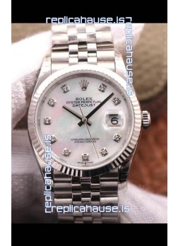 Rolex Datejust 36MM Cal.3135 Movement Swiss Replica Watch in 904L Steel Pearl Dial 