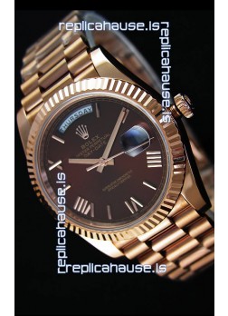 Rolex Day Date Japanese Replica Watch - Rose Gold Casing in Maroon Dial 40MM