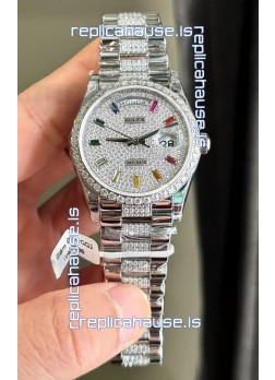 Rolex Day Date Super Clone White Gold Plated Custom Modified Diamonds Paved Watch 