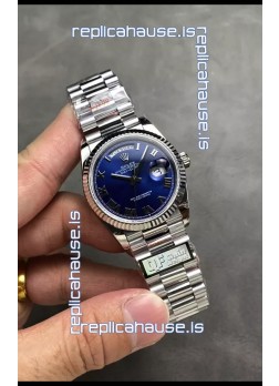 Rolex Day Date Super Clone Stainless Steel Blue Dial Small Roman Numerals Watch 36MM - 1:1 Mirror Quality