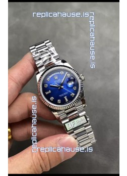 Rolex Day Date Super Clone Stainless Steel Blue Dial Diamonds Numerals Watch 36MM - 1:1 Mirror Quality