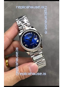 Rolex Day Date Super Clone Stainless Steel Blue Dial Large Roman Numerals Watch 36MM - 1:1 Mirror Quality