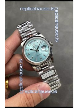 Rolex Day Date Super Clone Stainless Steel Ice Blue Dial Crystal Numerals Watch 36MM - 1:1 Mirror Quality