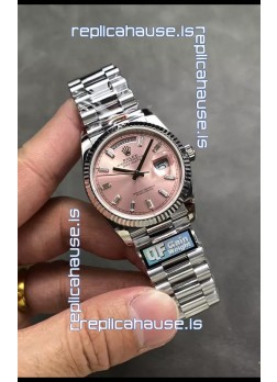 Rolex Day Date Super Clone Stainless Steel Pink Dial Crystal Numerals Watch 36MM - 1:1 Mirror Quality