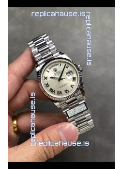 Rolex Day Date Super Clone Stainless Steel Silver Dial Roman Numerals Watch 36MM - 1:1 Mirror Quality