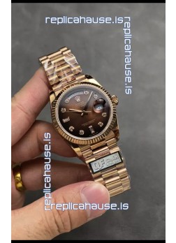 Rolex Day Date Super Clone Rose Gold Brown Dial Diamonds Numerals Watch 36MM - 1:1 Mirror Quality