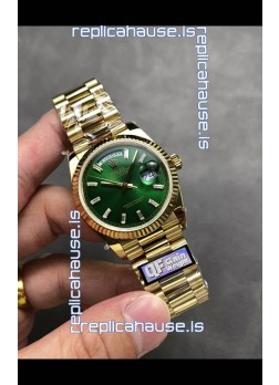 Rolex Day Date Super Clone Yellow Gold Green Dial Crystal Numerals Watch 36MM - 1:1 Mirror Quality