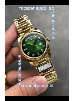 Rolex Day Date Super Clone Yellow Gold Green Dial Diamonds Numerals Watch 36MM - 1:1 Mirror Quality