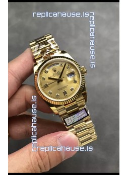 Rolex Day Date Super Clone Yellow Gold Casing and Dial Diamonds Numerals Watch 36MM - 1:1 Mirror Quality