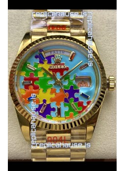 Rolex Day Date Emoji Jig-Saw Puzzle Yellow Gold Casing Swiss Replica Watch 
