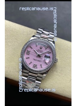 Rolex Day Date Super Clone Stainless Steel Pink Dial Diamonds Numerals Watch 36MM - 1:1 Mirror Quality