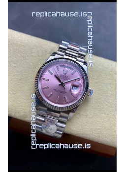 Rolex Day Date Super Clone Stainless Steel Pink Sunburst Dial Crystal Numerals Watch 36MM - 1:1 Mirror Quality