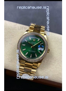 Rolex Day Date Super Clone Yellow Gold Green Dial Crystal Numerals Watch 36MM - 1:1 Mirror Quality