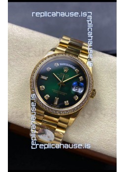 Rolex Day Date Super Clone Yellow Gold Green Dial Diamonds Numerals Watch 36MM - 1:1 Mirror Quality