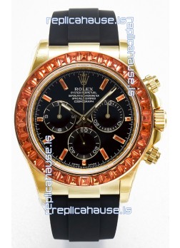 Rolex Daytona Super Clone Daytona Yellow Gold Casing Black Dial with Sapphires Bezel 